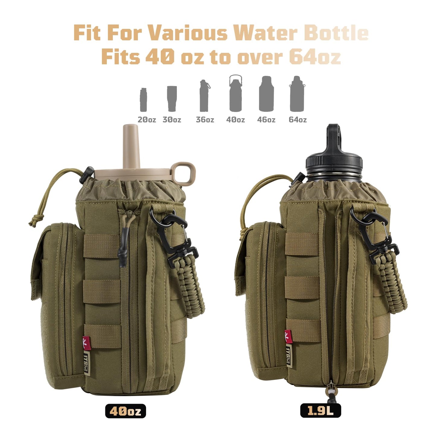 1TG Tactical Magnetic Gym Bag for Men,Magnetic Gym Water Bottle Bag with Phone Pockets&40 64oz Multiple Size, Water Bottle Holder with Adjustable Shoulder, Ideal for Fitness,Sports,Travel(Brown)