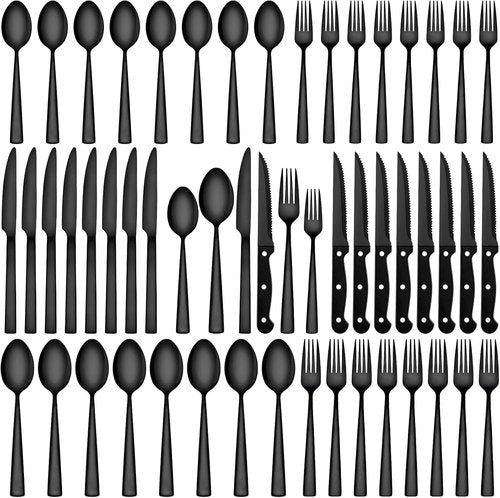 CEKEE 72-Piece Stainless Steel Flatware Set - Elegant Black & Silver Cutlery for 12 | Includes Steak Knives