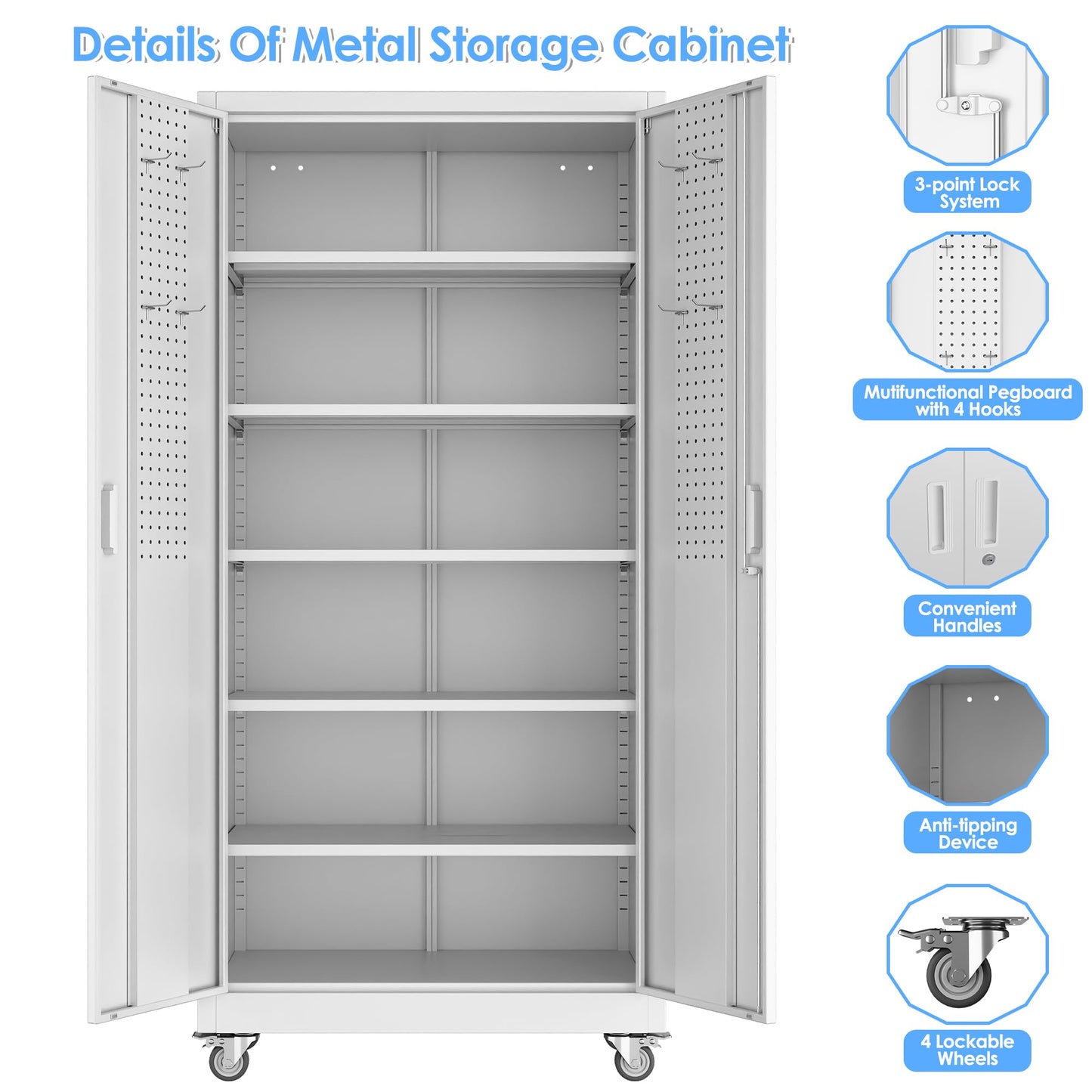 Aobabo Upgraded Garage Storage Cabinets with Wheels,Metal Storage Cabinets with 5 Adjustable Shelves for Garage Home Office Storage,White,71''H*34''W*18''D,Assembly Required