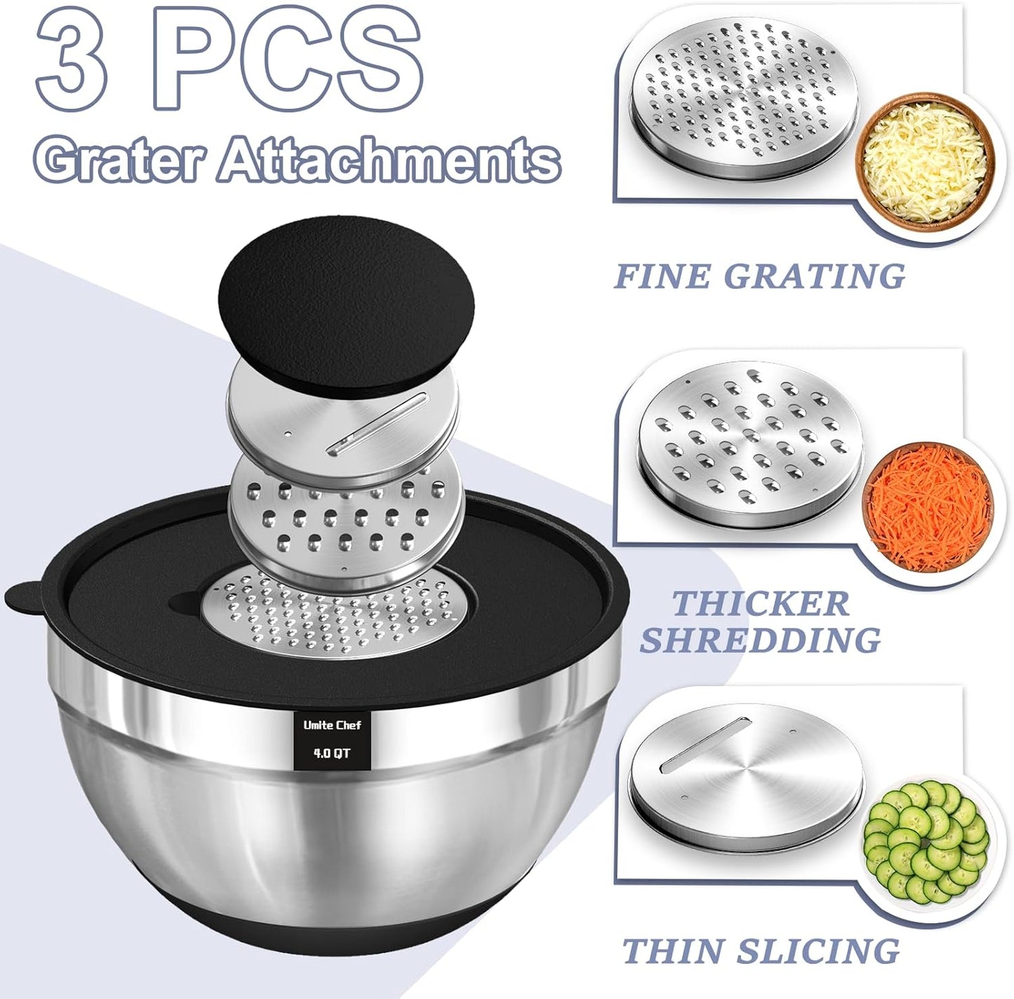 Umite Chef Mixing Bowls - 8PCS Stainless Steel Set with Airtight Lids & Non-Slip Bottoms | Black, 1.5QT to 5QT