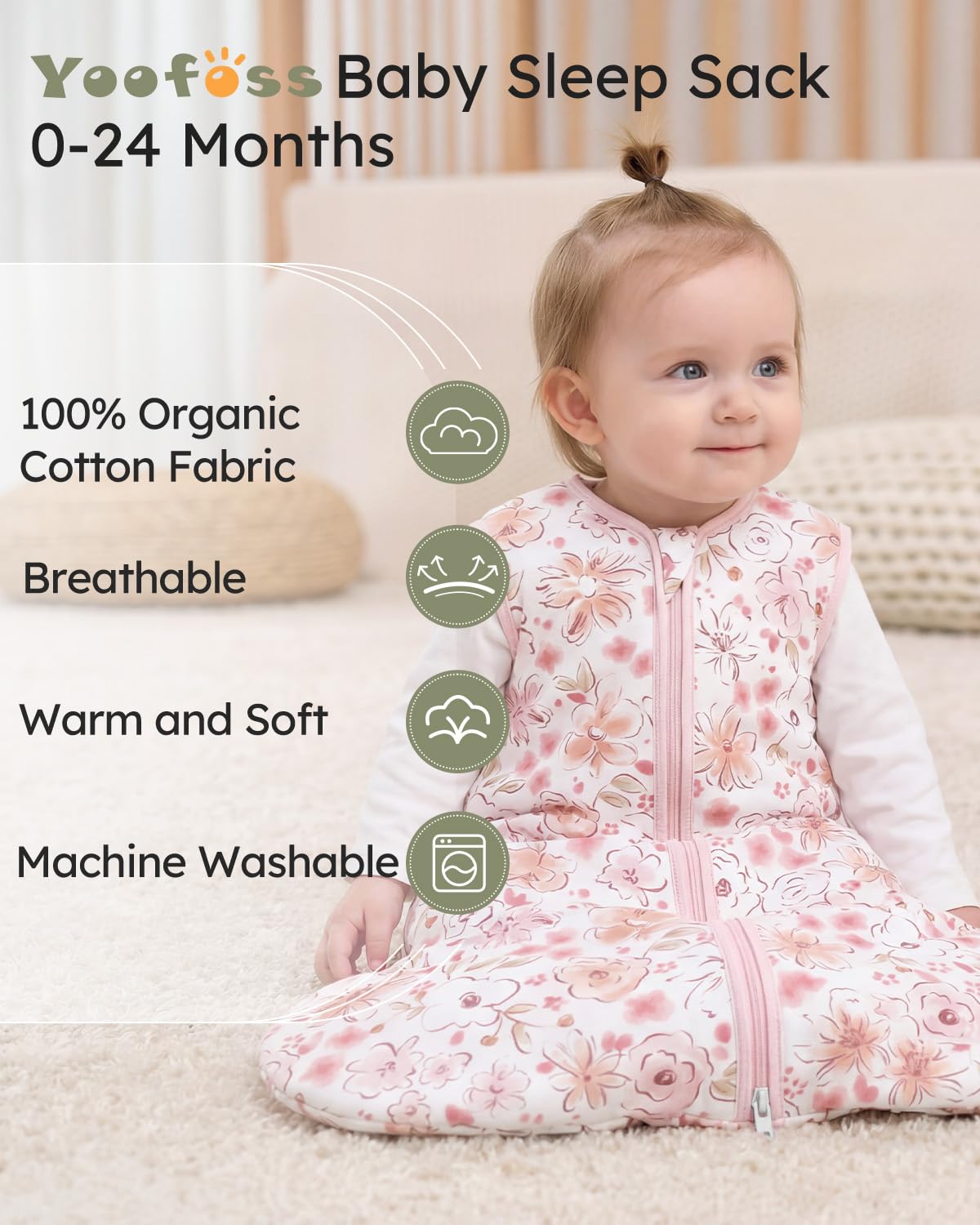 Yoofoss Baby Sleep Sack - 1.5 Tog Wearable Blanket for 12-18 Months | 100% Organic Cotton, Soft & Warm