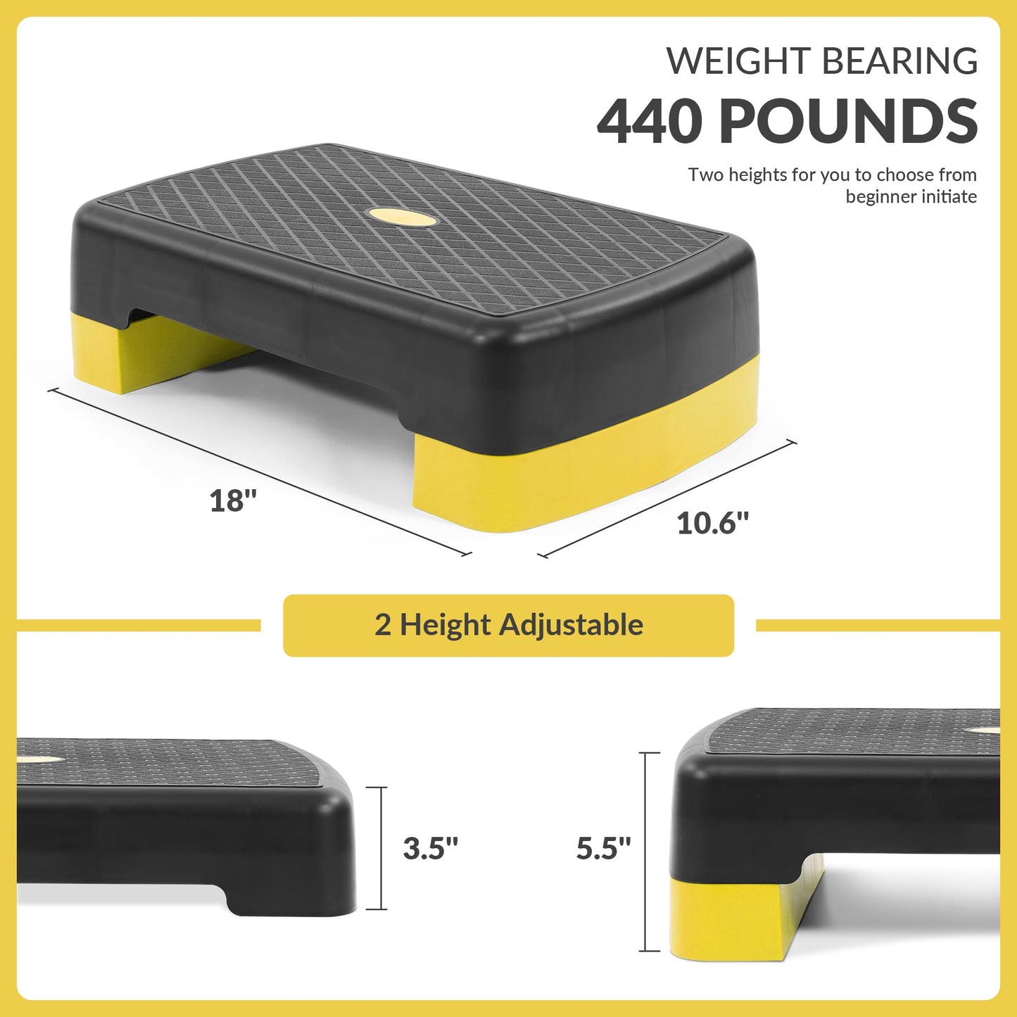 Fitvids 18" Aerobic Step Platform, Workout Stepper with Adjustable 2 Stackable Risers 3" 5.5" for Home Gym Small Space, Exercise Step, Yellow/Black