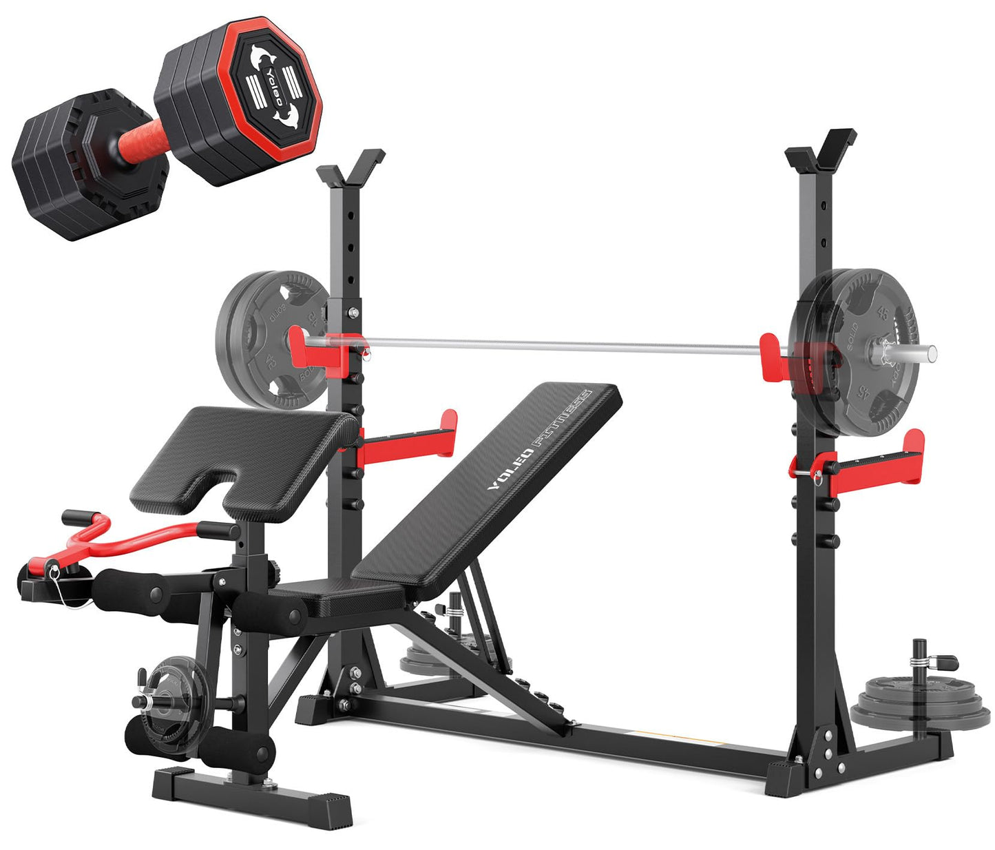 YOLEO 880LBS Weight Bench with Rack - Bench Press Set, Leg Extension, Preacher Curl & Flat/Incline/Decline Full Body Workout Bench, Adjustable Olympic Weight Benches for Home Gym(47.44IN WIDE GRIP) (1*Dumbbell+47.44“ Wide Grip)