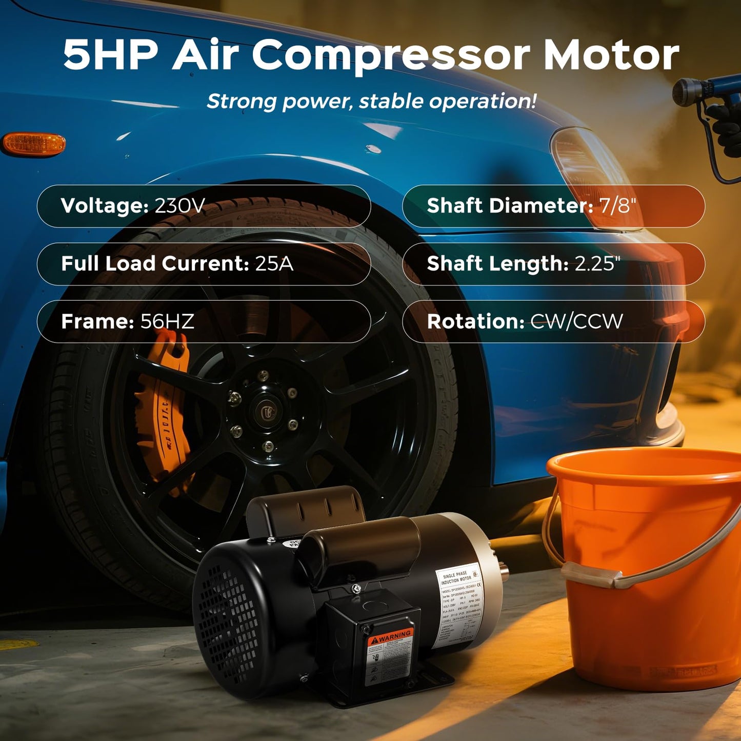 Bonvoisin 5HP Air Compressor Motor 56HZ Frame 3450RPM Single Phase Electric Motor, 7/8" Keyed Shaft, 2.25" Shaft Length, CCW/CW Rotation, 230V, 25 Amps