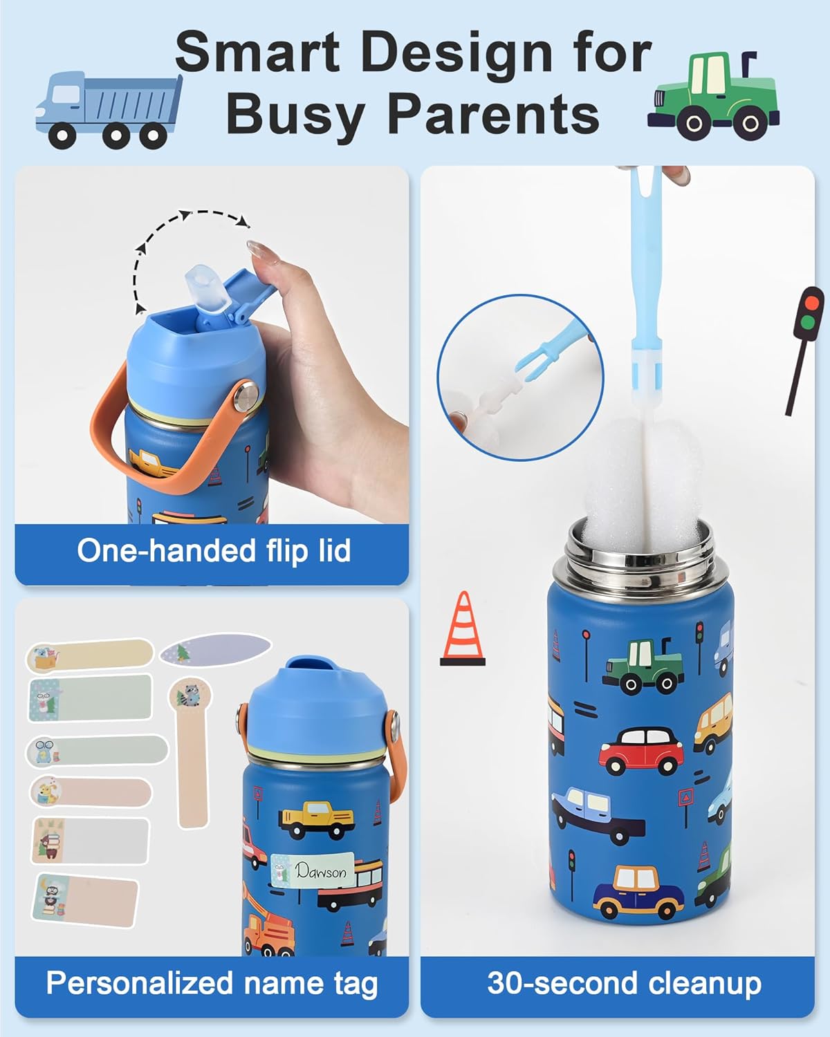 Skiennix Kids Water Bottle - Insulated 14oz Stainless Steel with Silicone Straw Lid | Leak-Proof Cars & Trucks Design, Custom Name Tag for School & Travel