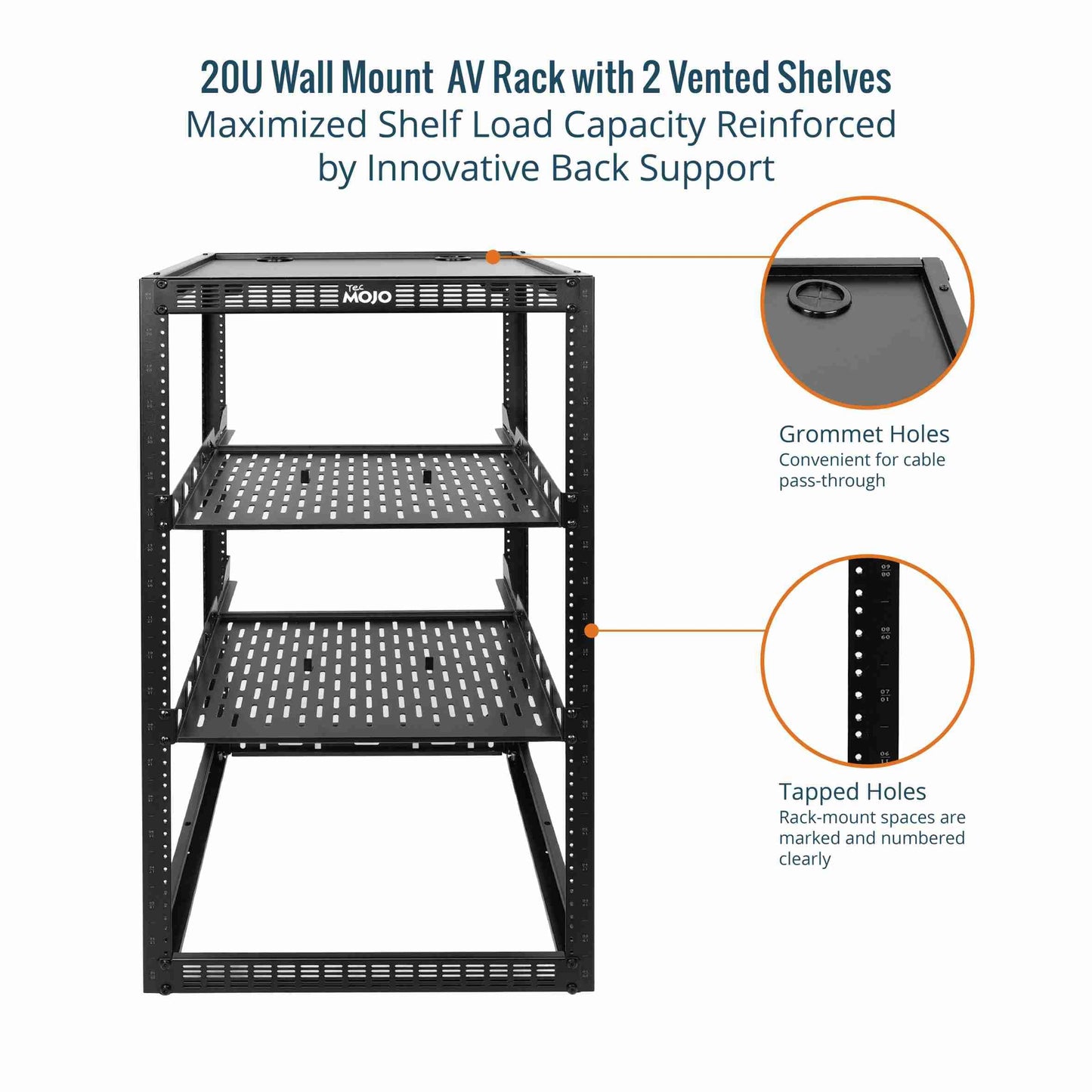 Tecmojo 20U Open Frame Network Rack for IT & AV Gear, AV Rack Floor Standing or Wall Mounted,with 2 PCS 1U Rack Shelves & Mounting Hardware,Network Rack for 19" Networking,Audio and Video Device