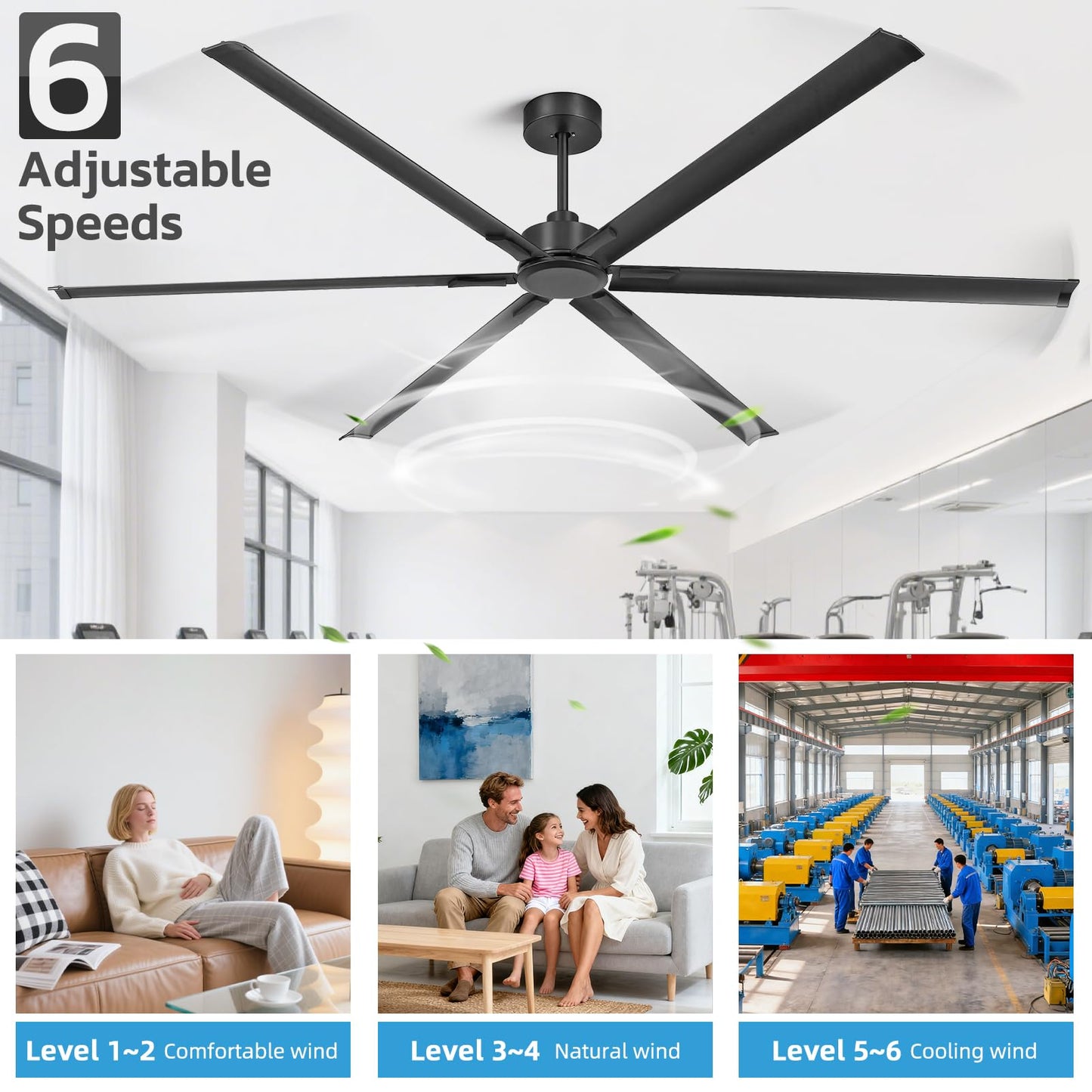 YYEHON 108 Inch Large Industrial Ceiling Fans, HVLS Commercial Black Fan with DC Reversible Motor, 6 Reversible Blades, 3 Downrods, 6-Speed Remote Control, for Shop Gym Garage Warehouse