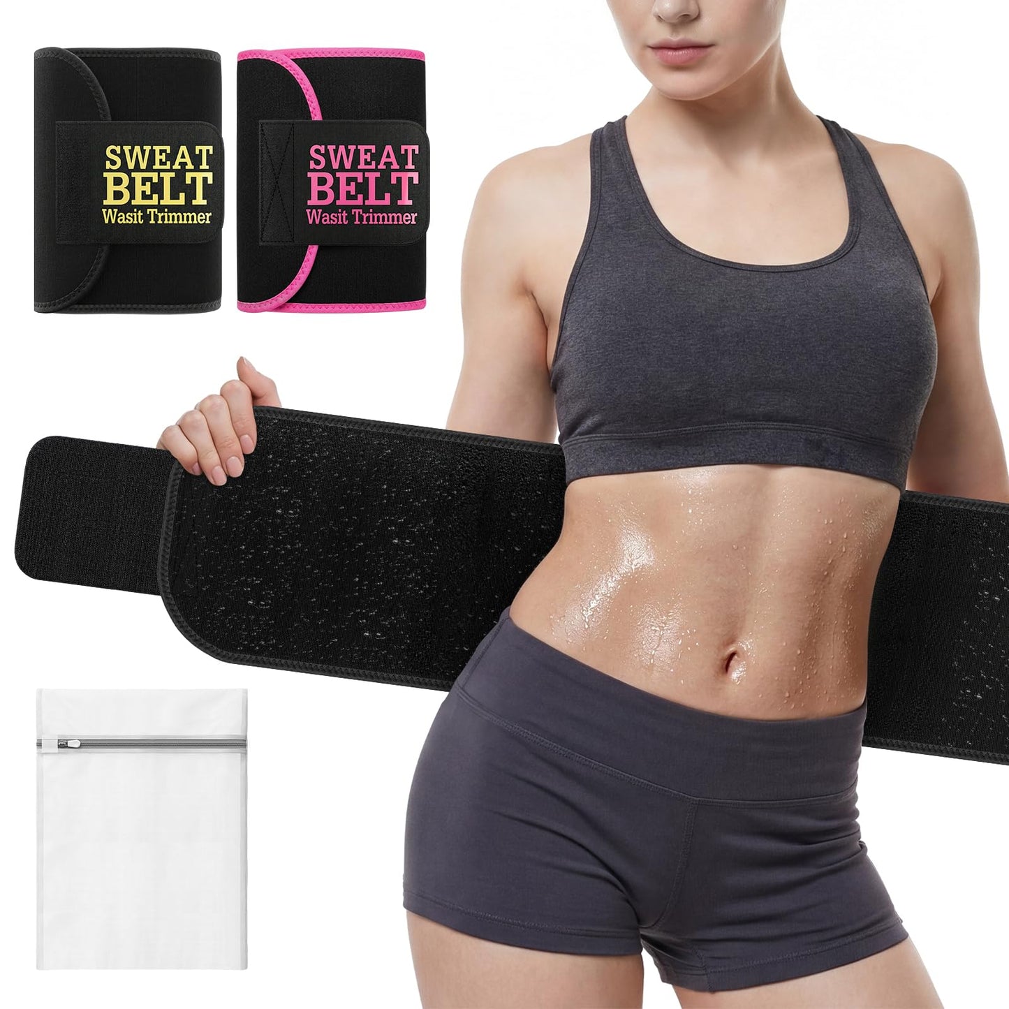 Aimoo 2 Pcs Waist Trainer for Wome, Sweat Waist Trimmer Belt, Sweat Band for Stomach Weighe loss,Sweat Belt Stomach Wrap (S(Pink+Black)