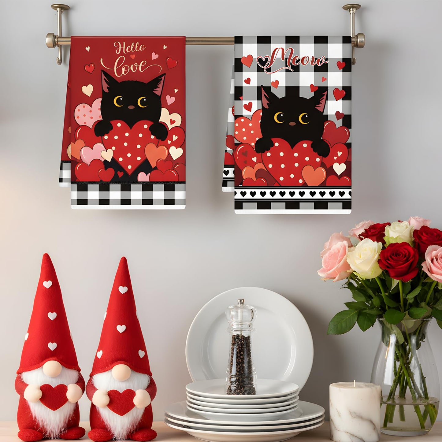 VISSTREE Valentines Day Kitchen Towels, 4 PCS Black Cat Red Heart Dish Towels, Absorbent Hello Love Dish Cloth Hand Towel for Kitchen Anniversary Wedding Valentines Decoration Housewarming Gifts