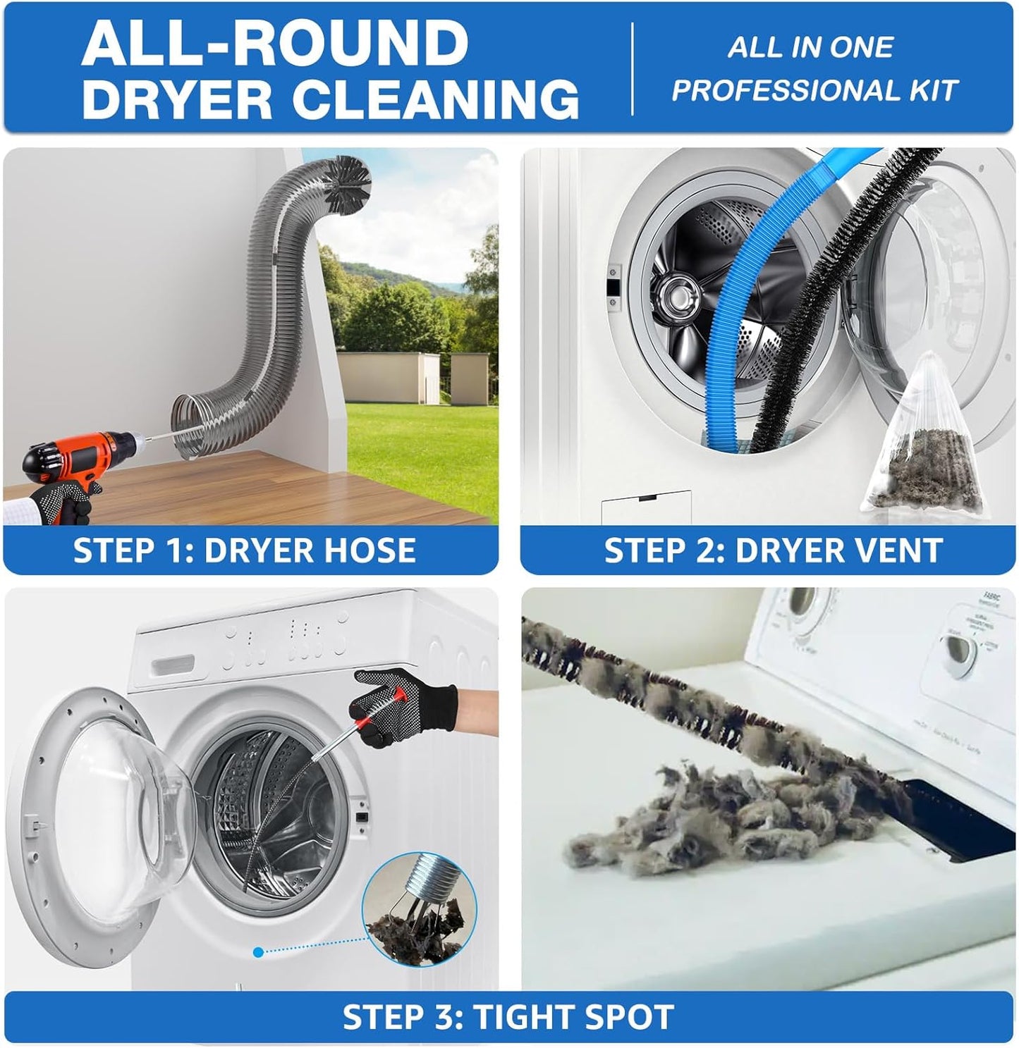 PetOde Dryer Vent Cleaner Kit - 32-Feet Lint Remover with Flexible Brush & Vacuum Attachments