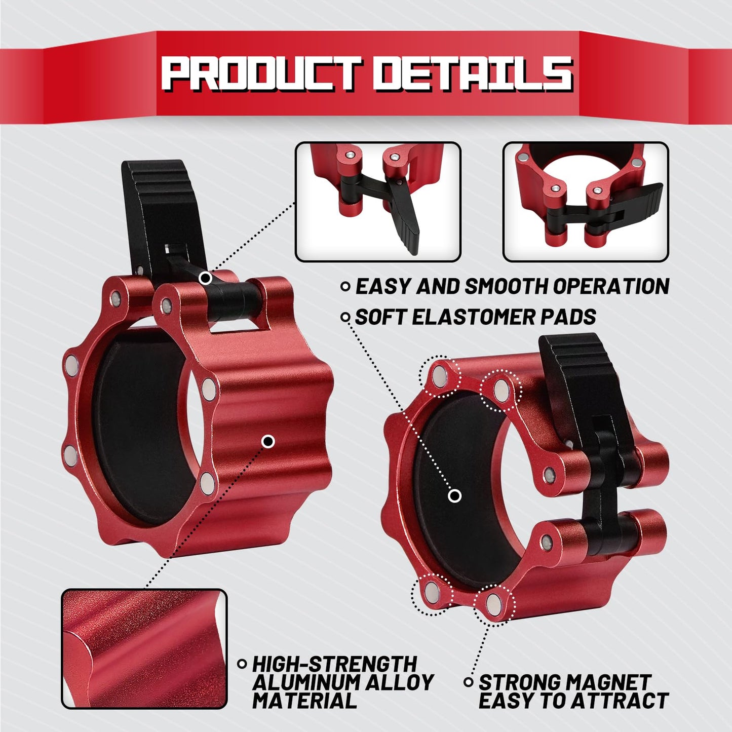 RitFit 2-Inch Magnetic Barbell Collars Locking Clamps - Heavy Duty Aluminum Alloy, Quick Release with Non-Slip TPR Pads for Olympic Weightlifting Powerlifting Training (Pair)，Red