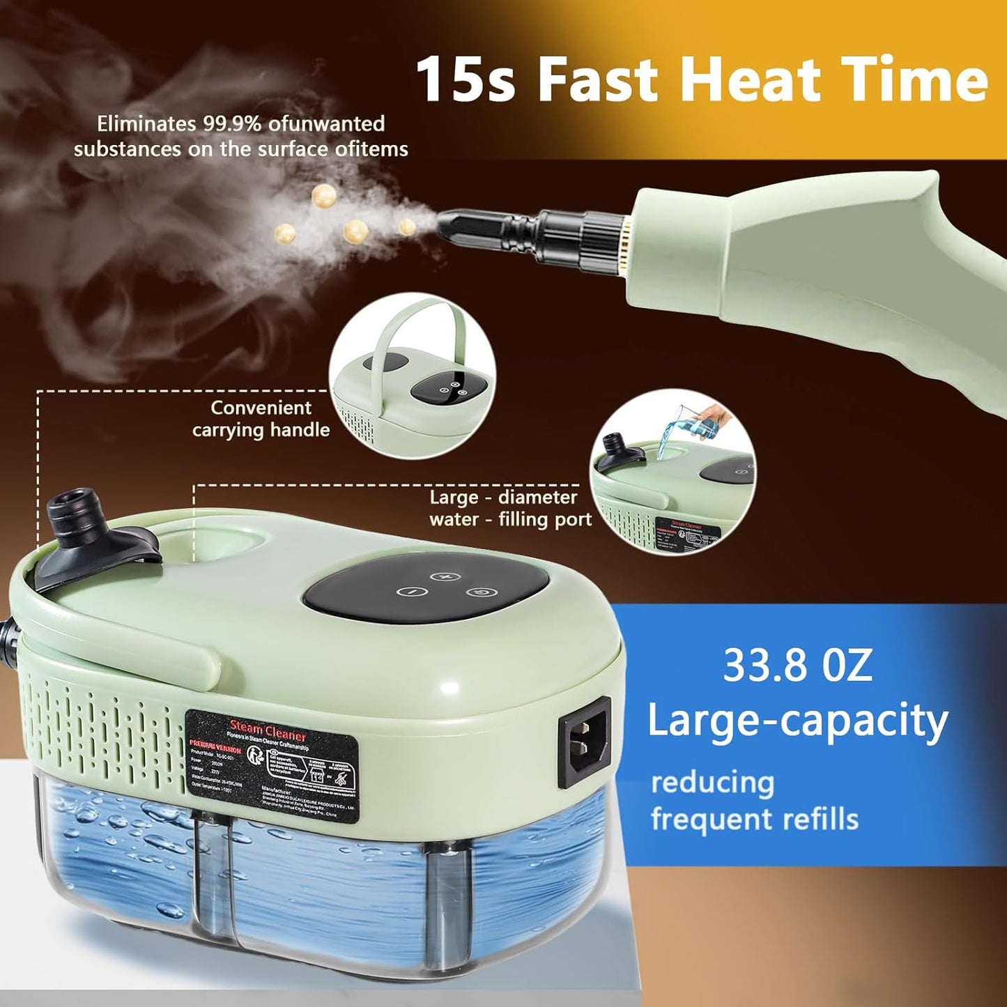 Skiennix Steam Cleaner - High Pressure Handheld Steamer with 15s Heat-Up & 11 Accessories | Ideal for Home, Floors, Car, Grout, Kitchen