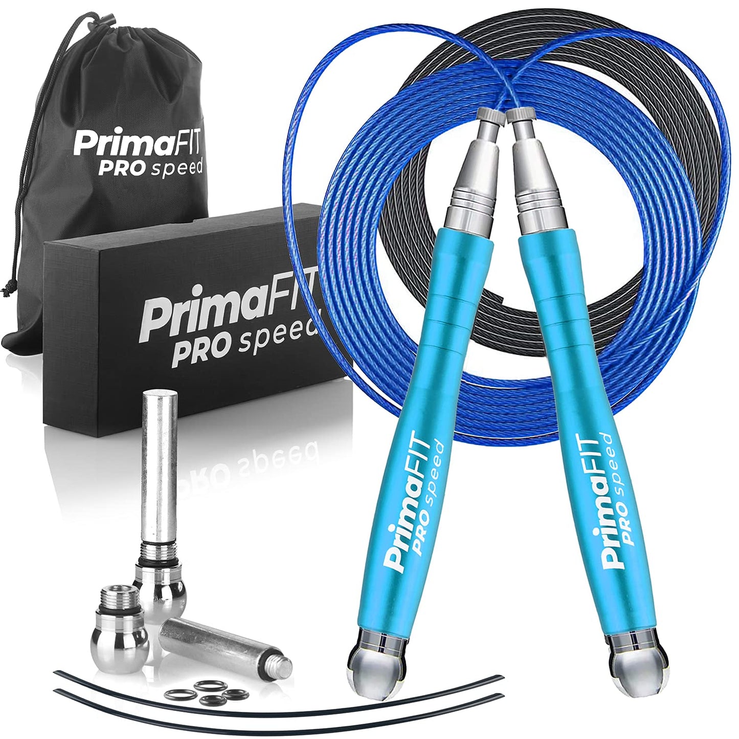 PrimaFIT Jump Rope Pro Speed Skipping Rope Adjustable Adult Jumping Rope Weighted Aluminium Handles for Double Dutch Boxing Workout Crossfit Exercise Fitness Spare Cable Weights Protectors Carry Bag