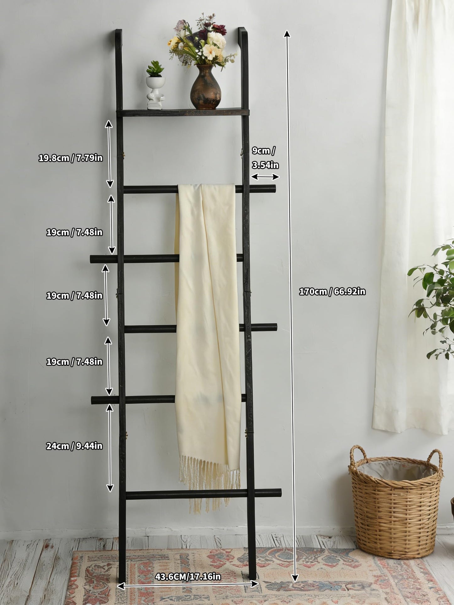 Taozun Minimalist Wood Blanket ladder - Boho Style Wall-leaning Display Towel Rack for Throw Quilt, Standing Ladder Shelf, Blanket Storage for Living Room, Bathroom