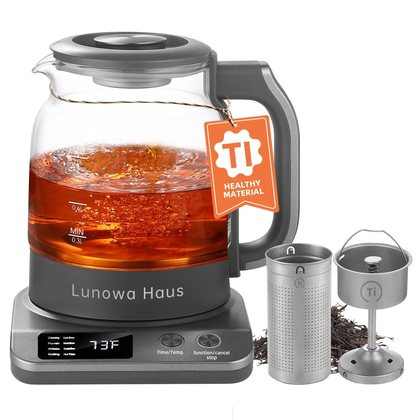 Lunowa Haus 120V Titanium & Glass Electric Tea Kettle, Pro Steam Extraction for All Teas (Green, Black, Oolong), 11 Temp & 10 Strength Levels, 1.2L, 12H Keep Warm, BPA-Free, 2 Infusers