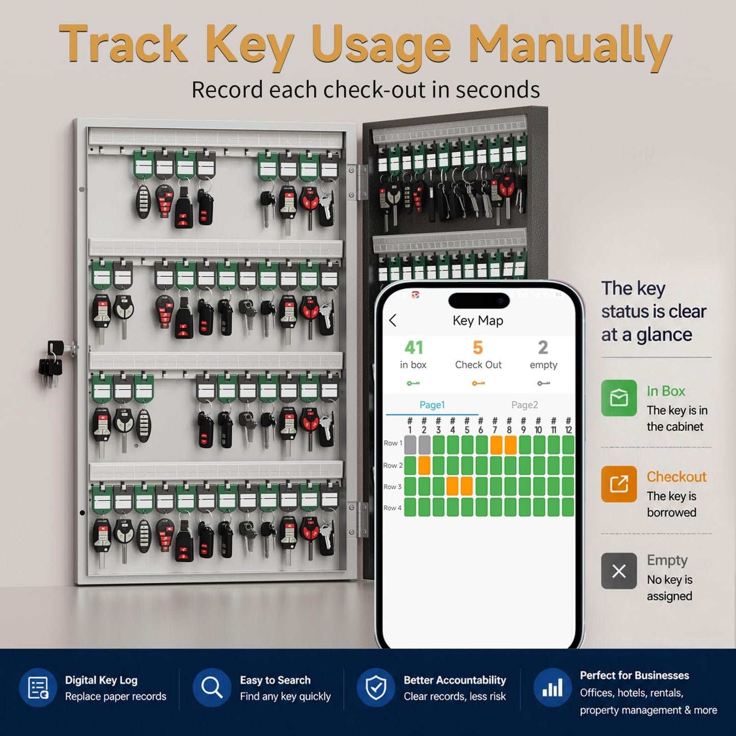 DiDiHere 96-Key Key Lock Box Wall Mount, Smart Key Management Cabinet with App, Key Access Log Tracking, Digital Keypad, Bluetooth & WiFi Unlock (Sold Separately) for School, Office, Business