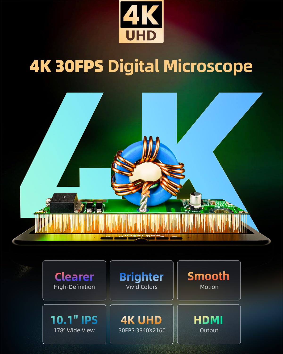 4K 30FPS HDMI Digital Microscope with 10.1" Screen, JL208S 4K Soldering Microscope Camera for Electronics, UHD 3840P Video Audio, Coin Magnifier Full View for Adults, 12.6'' Metal Stand 8 LED, 64GB