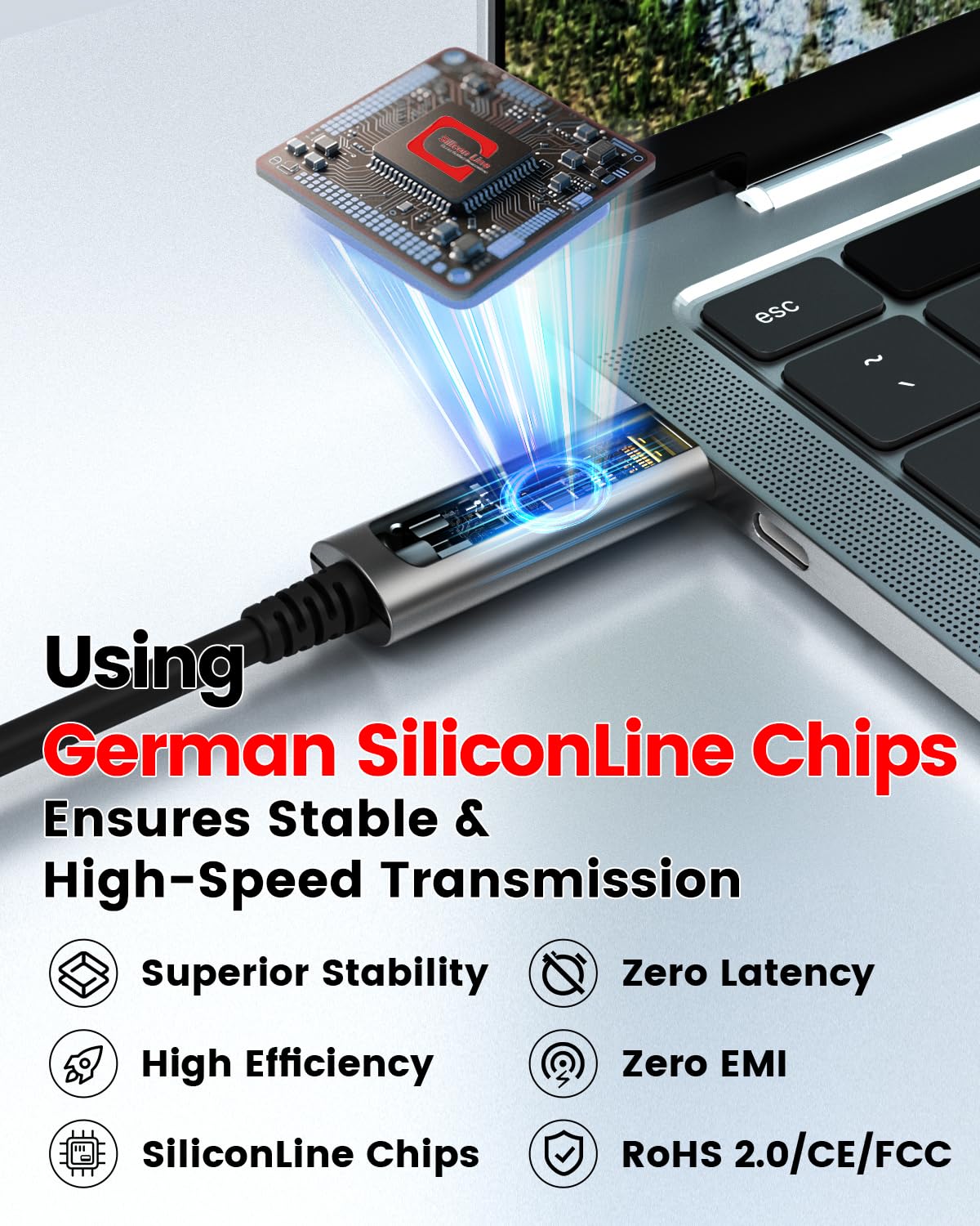 USB C Fiber Optic Cable 100 FT, 10Gbps Active USB C Cable with German SiliconLine Chip, USB 3.2 Gen2 Long Distance Zero Data Loss for Logitech 4K Camera,VR/AR,Video Conference,Webcam,Industrial System