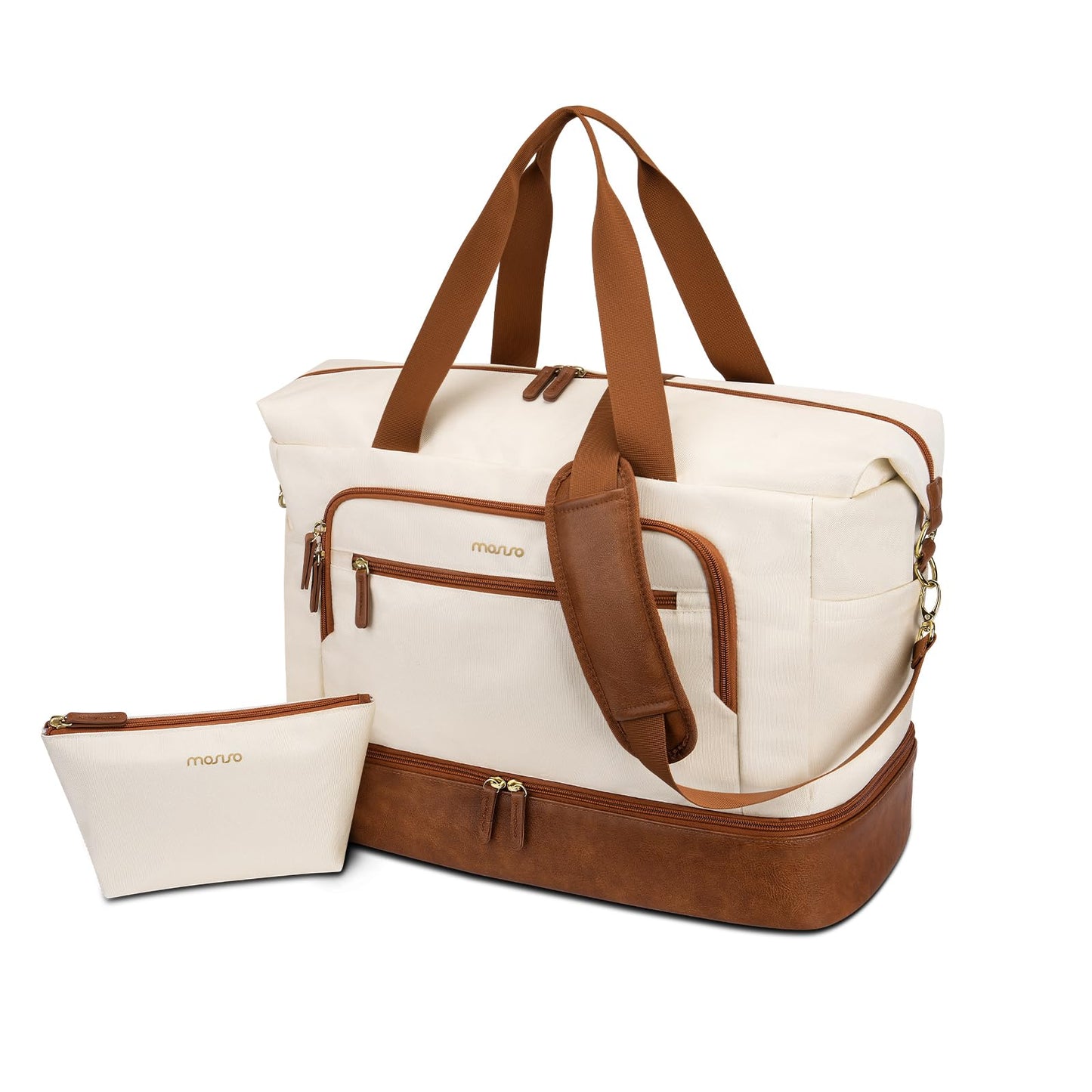 MOSISO Gym Bag for Women, Travel Duffle Weekender Overnight Workout Carry on Gym Duffle Bag with Toiletry Pouch&Shoe Compartment&Wet Pocket&Front Pocket for Fitness, Yoga, Weekend, Beige