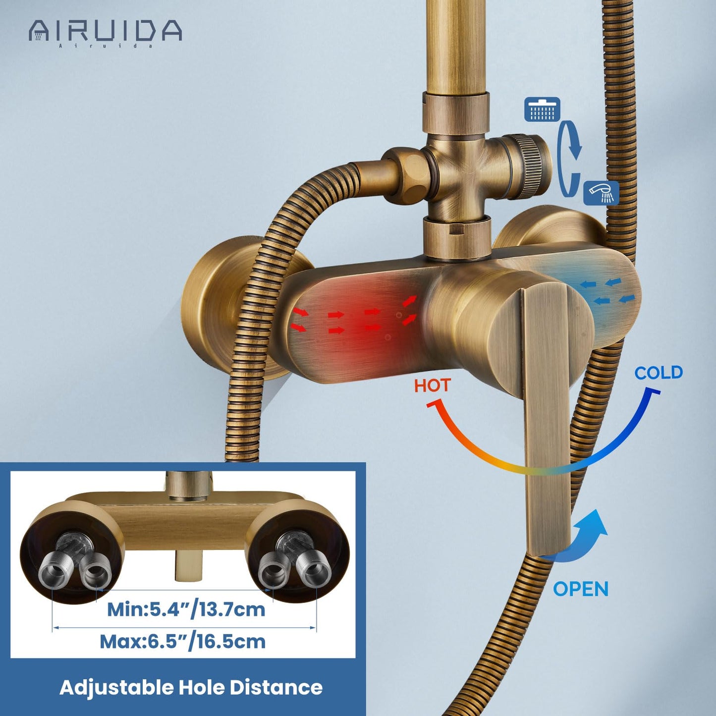 Airuida Exposed Shower System, 8 Inch Rainfall Shower Head with Handheld Spray, Single Handle Wall Mount Shower Faucet Set, Solid Brass Dual Function Exposed Pipe Fixture for Bathroom,Antique Brass