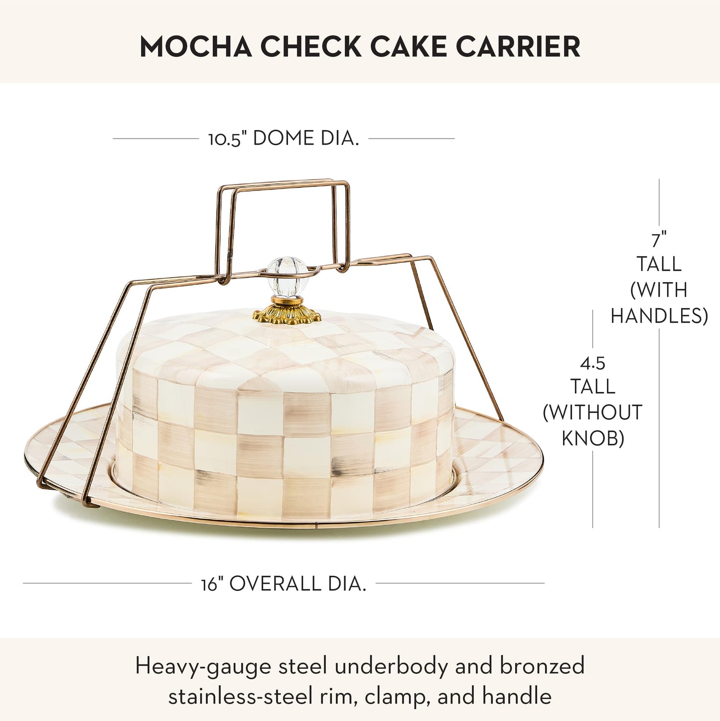MACKENZIE-CHILDS Enamel Cake Carrier, Cake-Dish Serving Platter with Lid and Handles, Brown-and-White Mocha Check