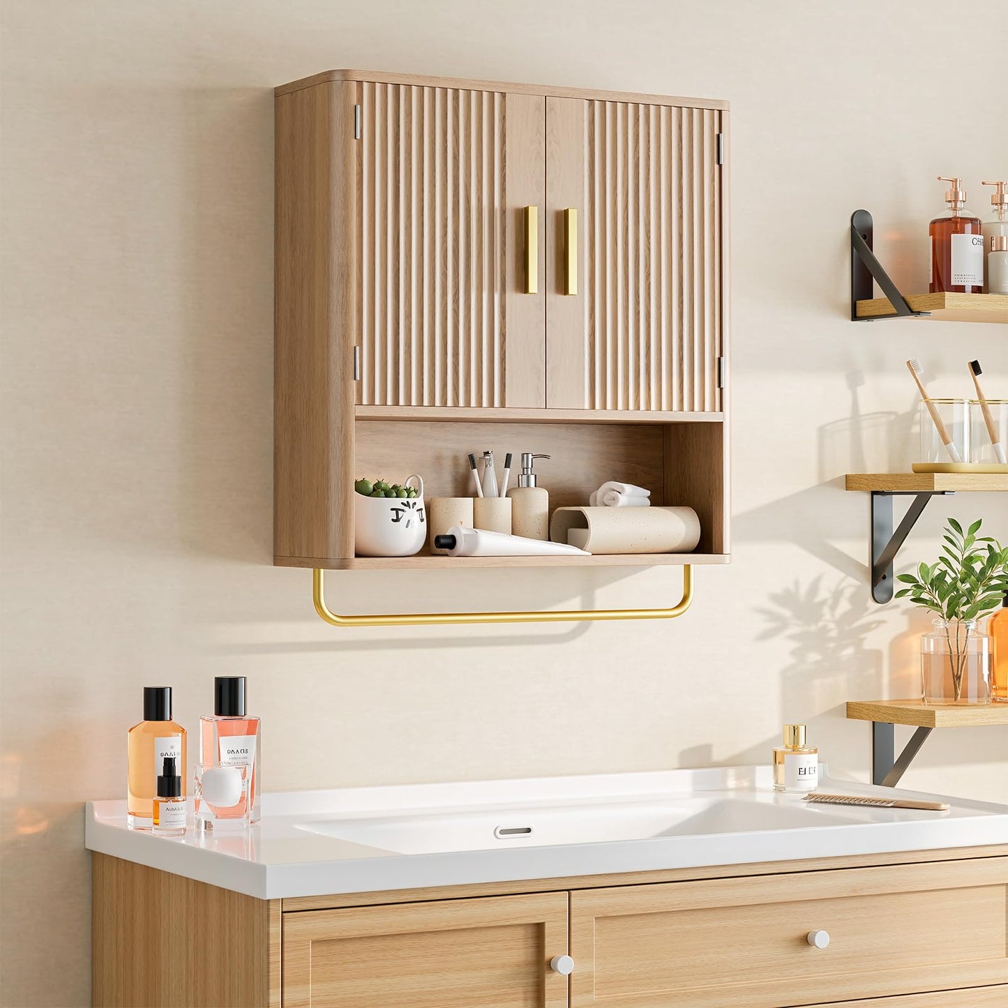 Memobarco Bathroom Wall Cabinet, Medicine Cabinet with Fluted Door & Adjustable Shelf, Over the Toilet Storage Cabinet with Towel Bar, Cabinet Wall Mount for Laundry Room & Kitchen, Wood