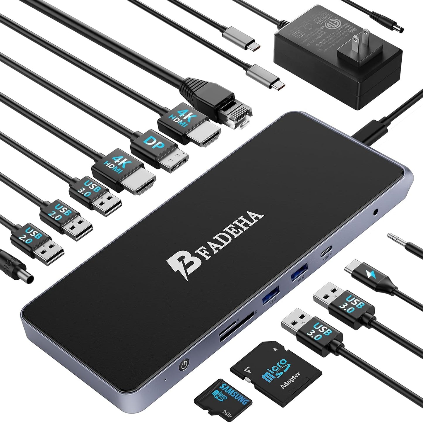 BFADEHA 3 14 1 HDMI*2, 4K60Hz, 10Gbps 1Gbps USB C Universal Docking Station for Monitors, Power Adapter Attached