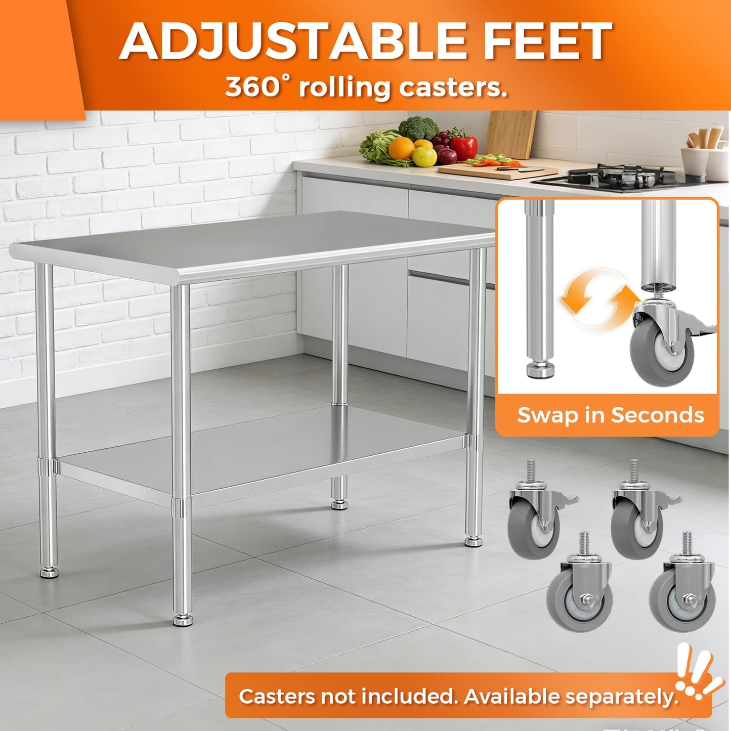 HOCCOT All Stainless Steel Work Table, Heavy Duty Prep Table 24x48 Inch with Stainless Steel Undershelf & Replaceable Feet(Without Casters) Commercial Workstation for Restaurant Kitchen Garage Outdoor