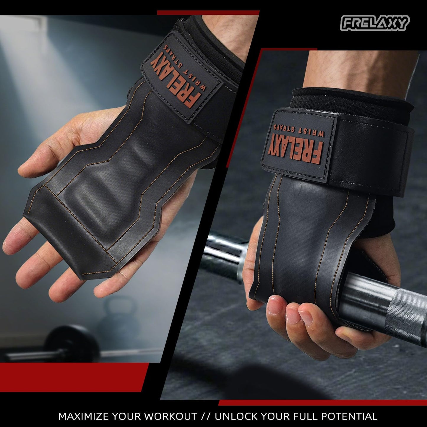 Frelaxy Lifting Wrist Straps, Rubber Weight Lifting Grips with Non-Slip Palm & Wrist Wraps Support for Deadlifts, Pull Ups, Rows, Heavy Powerlifting, Lat Pulldowns (Brown)