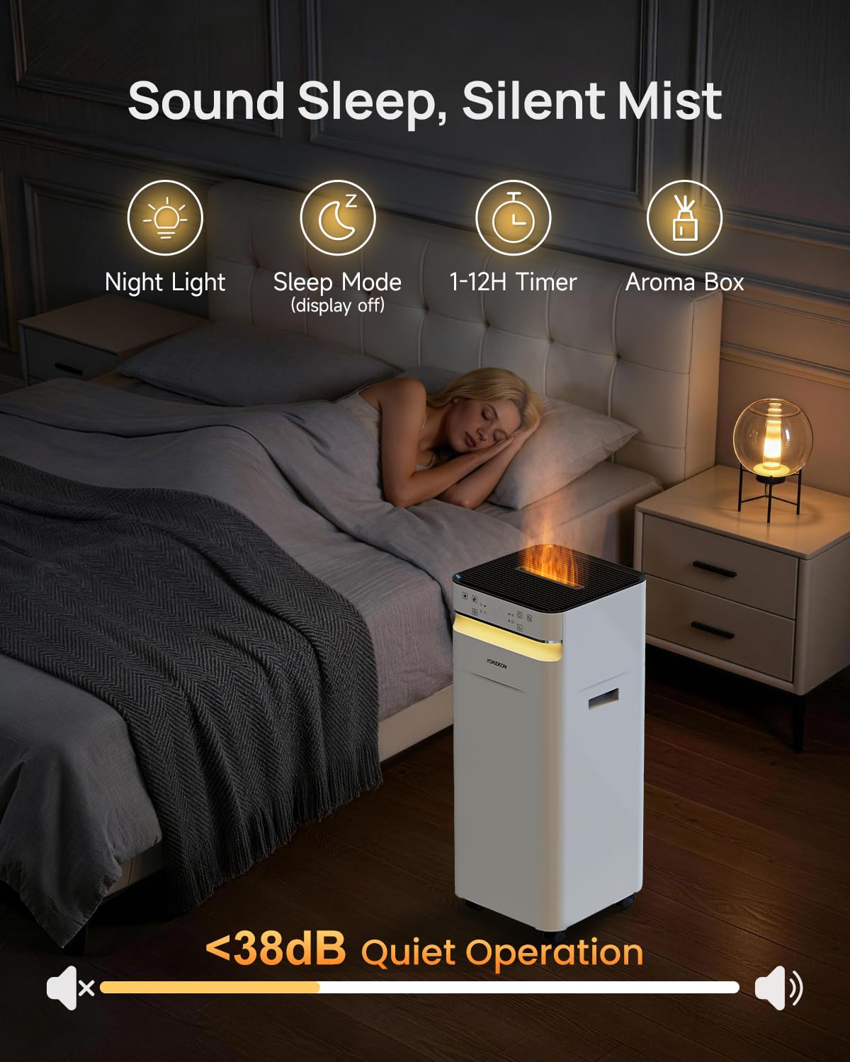 YOKEKON Humidifier Large Room 5.8Gal/22L, 2500 sq.ft. Cool Mist Humidifiers for Home Bedroom with Flame & Night Light, Top Fill Whole House Humidifier with Extension Tube, Plants, Kids, Adults, White