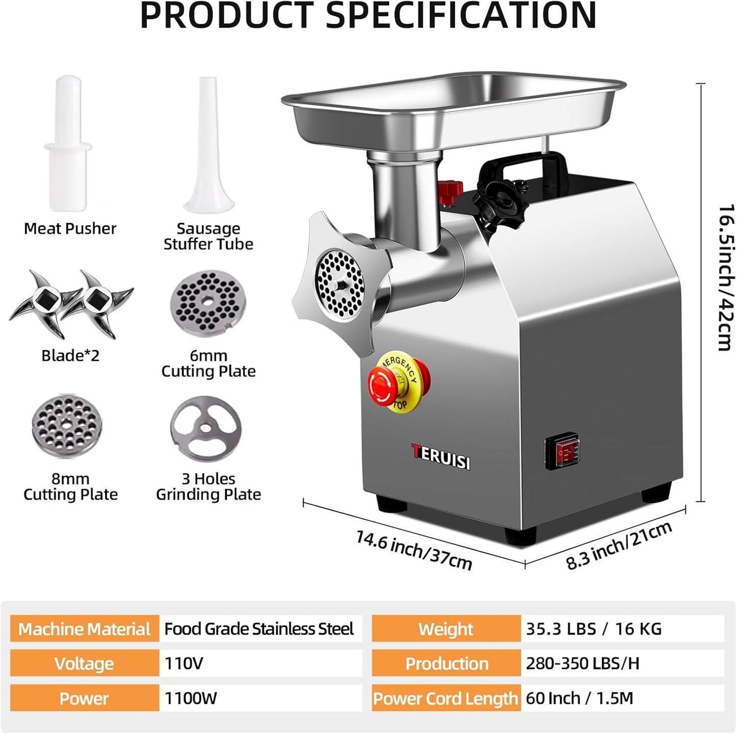 TERUISI Commercial Meat Grinder Heavy Duty, 1100W Electric Stainless Steel Meat Grinding Machine with 6/8mm Grinding Plates & Stuffing Tubes, Sausage Maker Meat Mincer 110V 350LBS/H