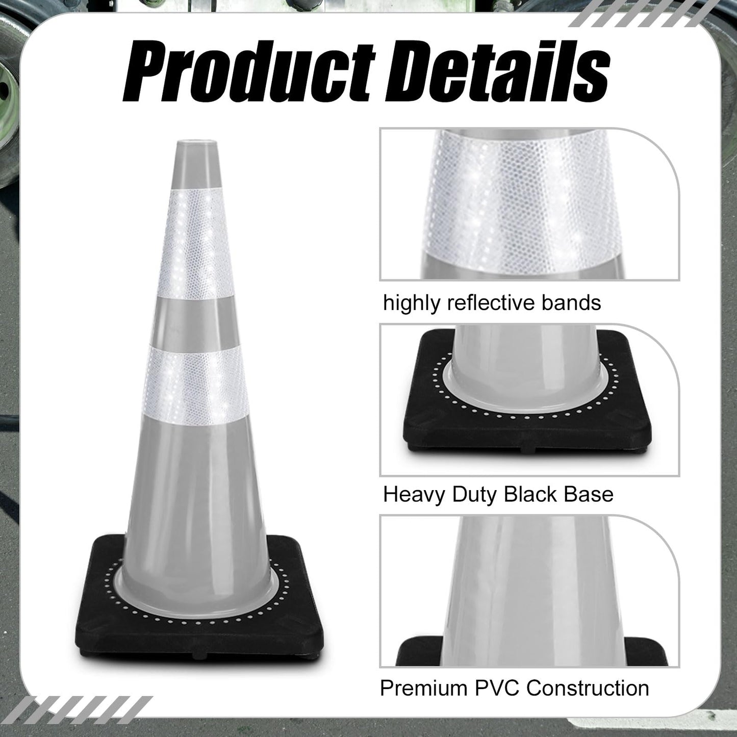 Copkim 6 Pcs Traffic Safety Cones Plastic PVC Traffic Cones with Black Base and Reflective Collars Driving Cones for Street Hazards, Training, Road Construction, Parking Lot (White,28 Inch)