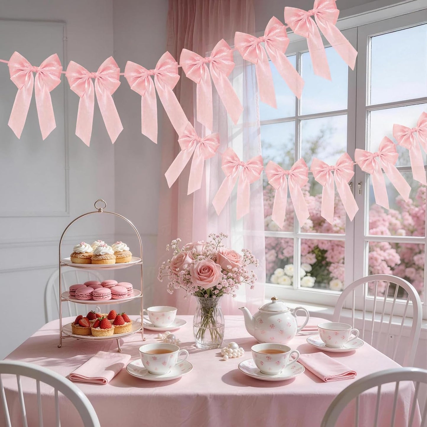 Skiennix 6.5ft Pink Bows Garland Banner - 6 Pcs Pre-Strung Bow Party Decorations for Birthdays & Showers