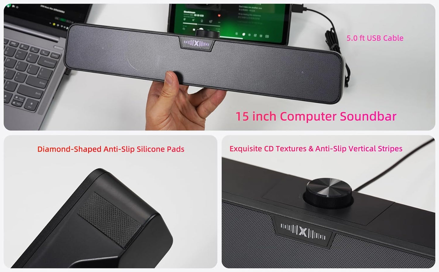 XKX Computer Speakers Soundbar for Desktop PC Mac, USB Plug-in, Wired, External Speakers for Laptop Desk Monitor, RGB