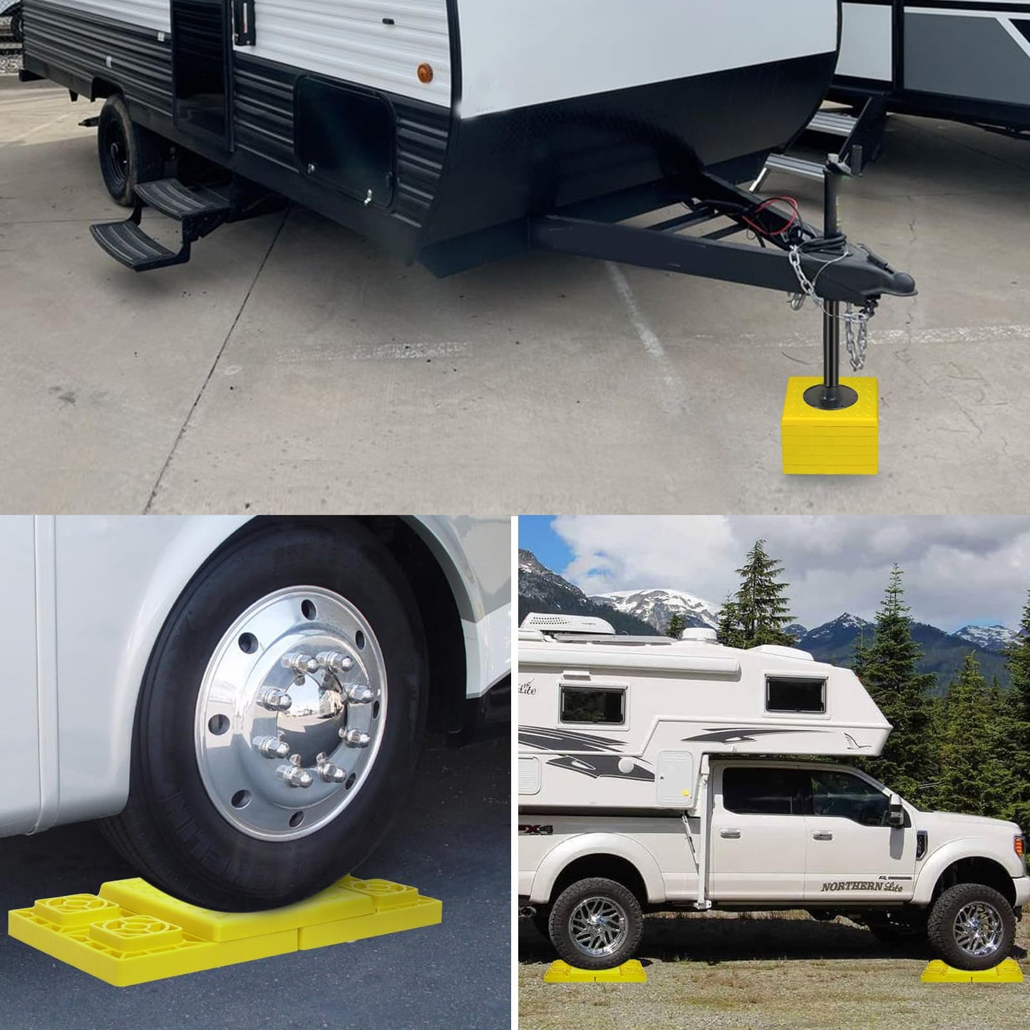 RV Leveling Blocks 12 Pack, Heavy Duty Interlocking Camper Leveler with Carrying Bag, Customizable Height for Single & Dual Axle Wheels, 8.6" x 8.6" x 1.5" Yellow RV Stabilizer Jack Pads