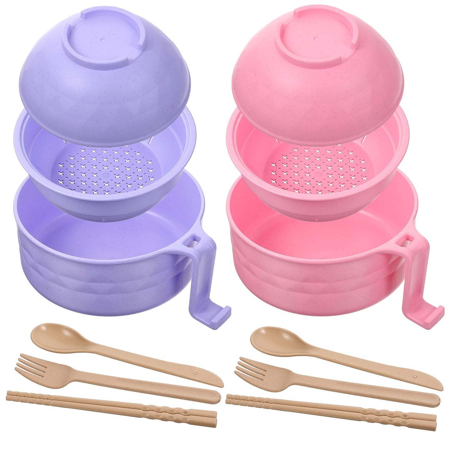 2 Sets Microwave Ramen Bowl & Noodle Cooker Bowl with Handles Strainer Spoon Chopstick Fork - Microwave Pasta Cooker, 40 oz BPA-Free Wheat Fiber Bowls for Instant Noodles, Dorm & Office Essentials