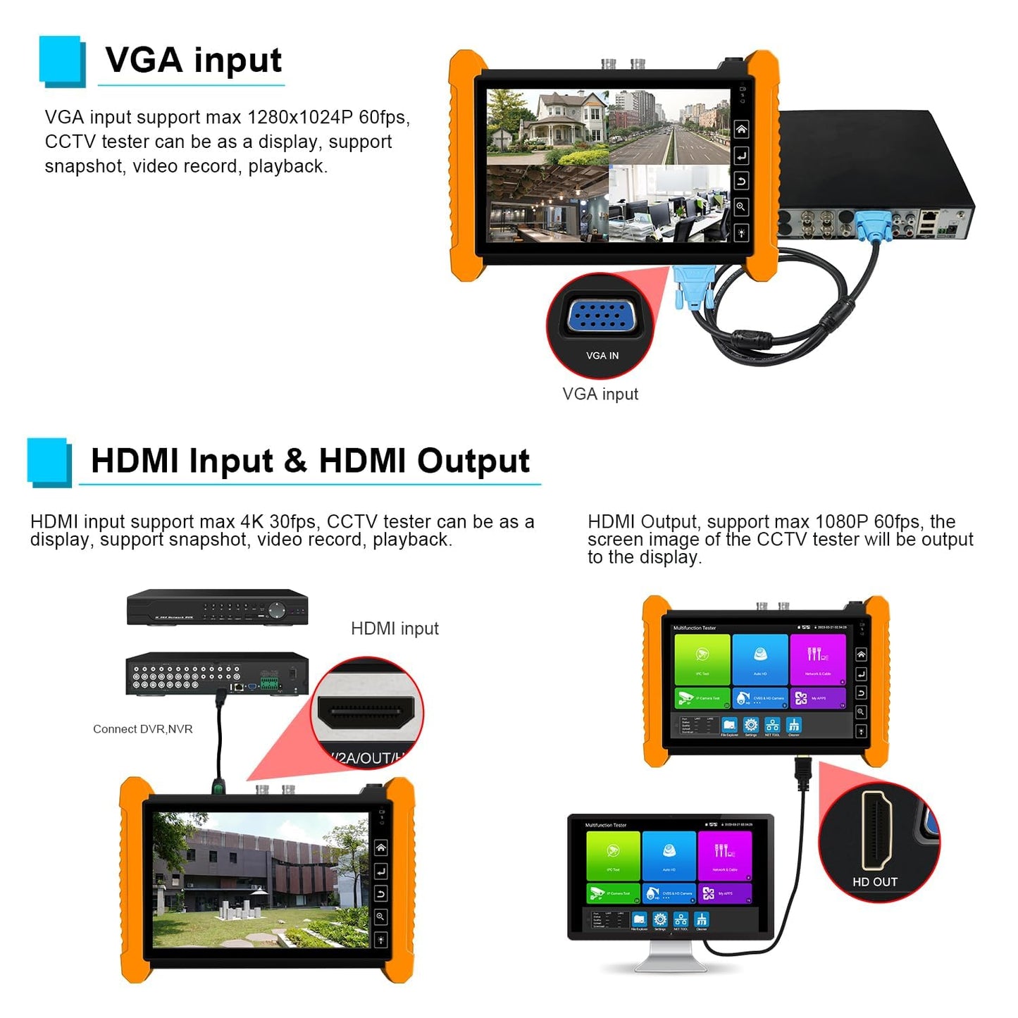 EVERSECU Multifunction 7" IPS Touch Screen CCTV Tester & Monitor with 48V PoE, 8K/4K/HD/IP Camera Testing, Cable Tracing, WiFi Analyzer, 7.4V Battery for Fiber, Cabling & CCTV Monitoring