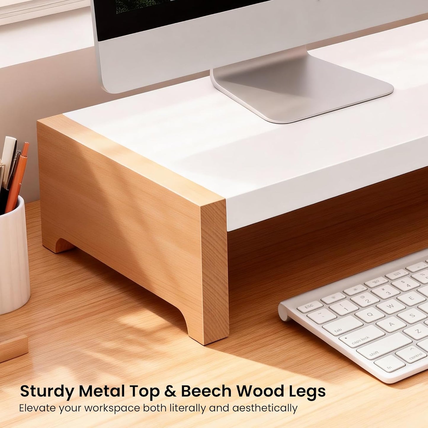 40LB ARCOBIS Monitor Stand Riser, White Metal & Wood Computer Monitor Stand Riser for Desk, Max Load Capacity