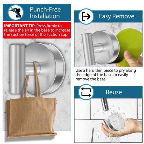 AbluFirst Suction Cup Hooks for Shower, 4-Pack, No-Drill Heavy Duty, Removable and Reusable, Suitable for Bathrooms, Glass, Kitchen Mirrors, Tiles, Hanging Towels, Bathrobes, Coats (Silver)