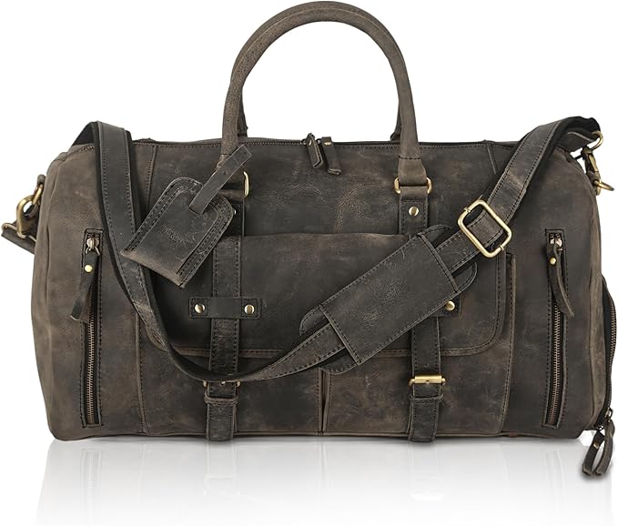 KomalC 24 Inch Leather Duffel Bags for Men and Women Full Grain Leather Travel Overnight Weekend Leather Bags Sports Gym Duffle for Men (Charcoal Black With Shoe Pocket)