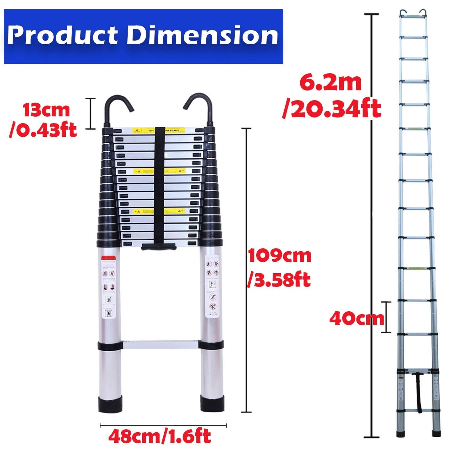 Telescoping Ladder Aluminum 20.3FT 6.2m Extension Ladder with Detachable Hooks, EN131 Standard 330lbs Load Capacity, Adjustable Height Portable Home Step Ladder Weights 36lbs