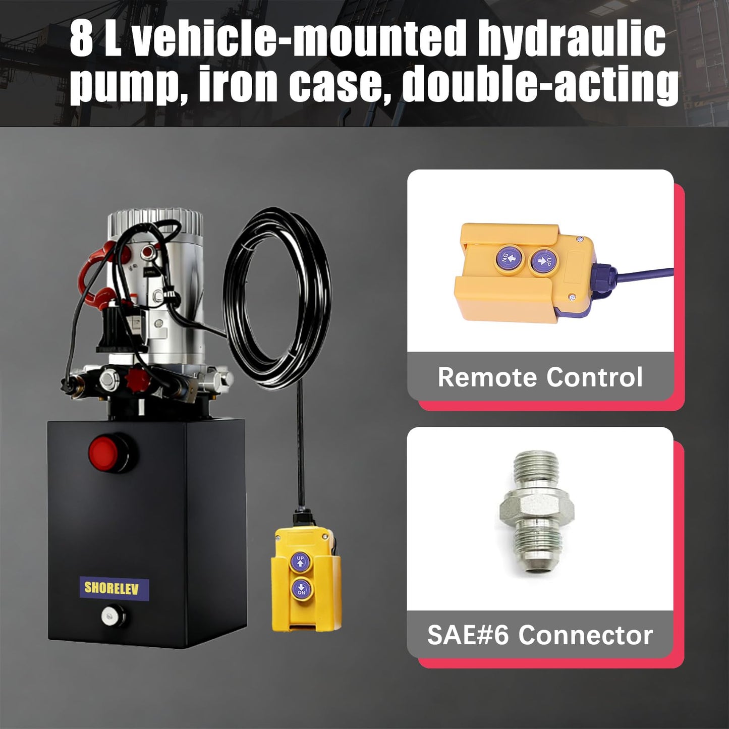 SHORELEV Hydraulic Power Unit 8 Quart 12V DC Double Acting, 8L Iron Reservoir, 0.91 GPM Flow Rate 3200 PSI for Dump Trailers, Lift Gates, Truck Hoists, Hydraulic Pump for Dump Trailer Car Lifting