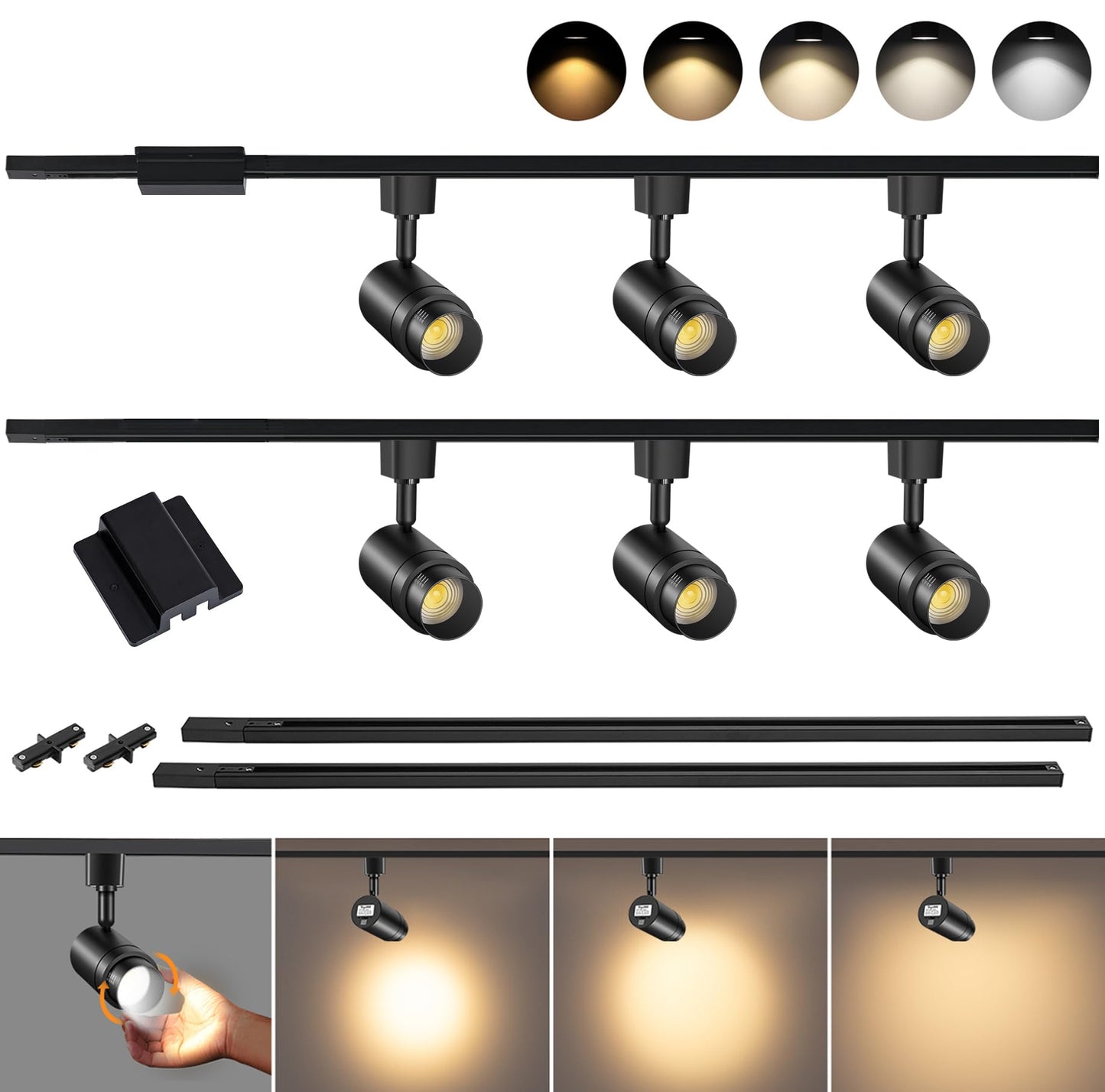 TuyuBEE 5 Color Zoomable 6-Light LED Track Lighting Kit with 6.6FT H Track Lighting Rail & Floating Canopy Connector, Modern Kitchen Track Lighting Fixtures Ceiling Spotlight, 12W Track Heads Black