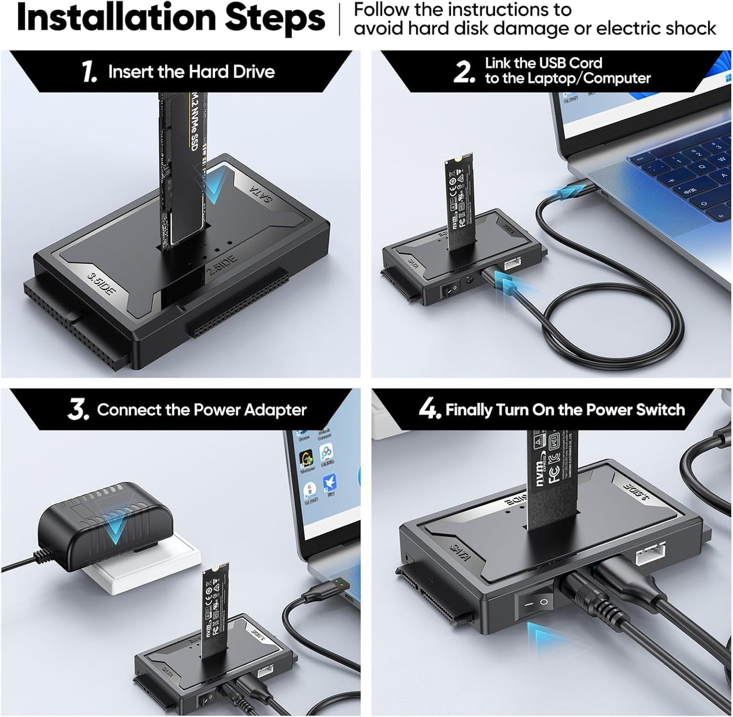 FEMORO 4-in-1, M.2 10Gbps 12V/2A M.2 2.5" 3.5" Hard Drive Reader SATA IDE to USB Docking Station, NVME Dock, Computer