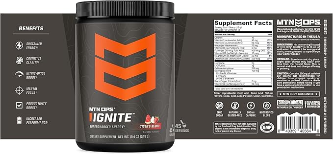 MTN OPS Ignite Energy Drink Powder, Gluten Free Nootropic Supplement Drink Mix, L Arginine, L Citrulline, Caffeine & Nootropic Sugar Free Drink Mix, 45 Servings, Tiger's Blood