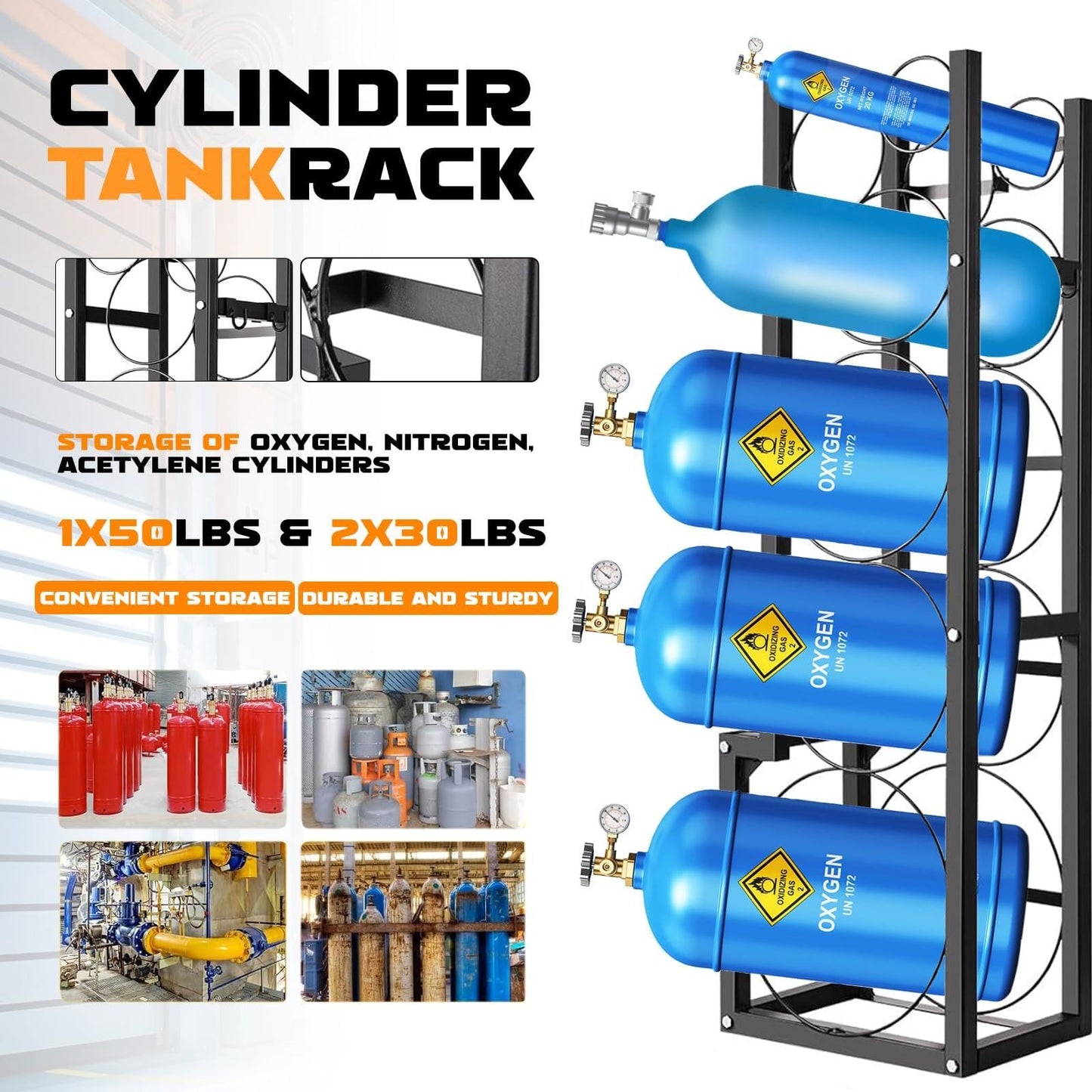 GarveeTech 15 in x12 in x48 in Refrigerant Tank Rack - Holds 1x50 LB & 2x30 LB Cylinders | Heavy-Duty Space-Saving Holder for Freon, Oxygen, Nitrogen Tanks