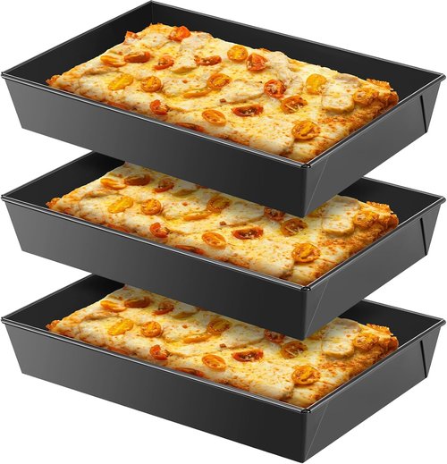 Detroit Style Pizza Pan Set - 3 Pcs Non-Stick Deep Rectangle Bakeware | 10 x 14 x 2.36 Inch
