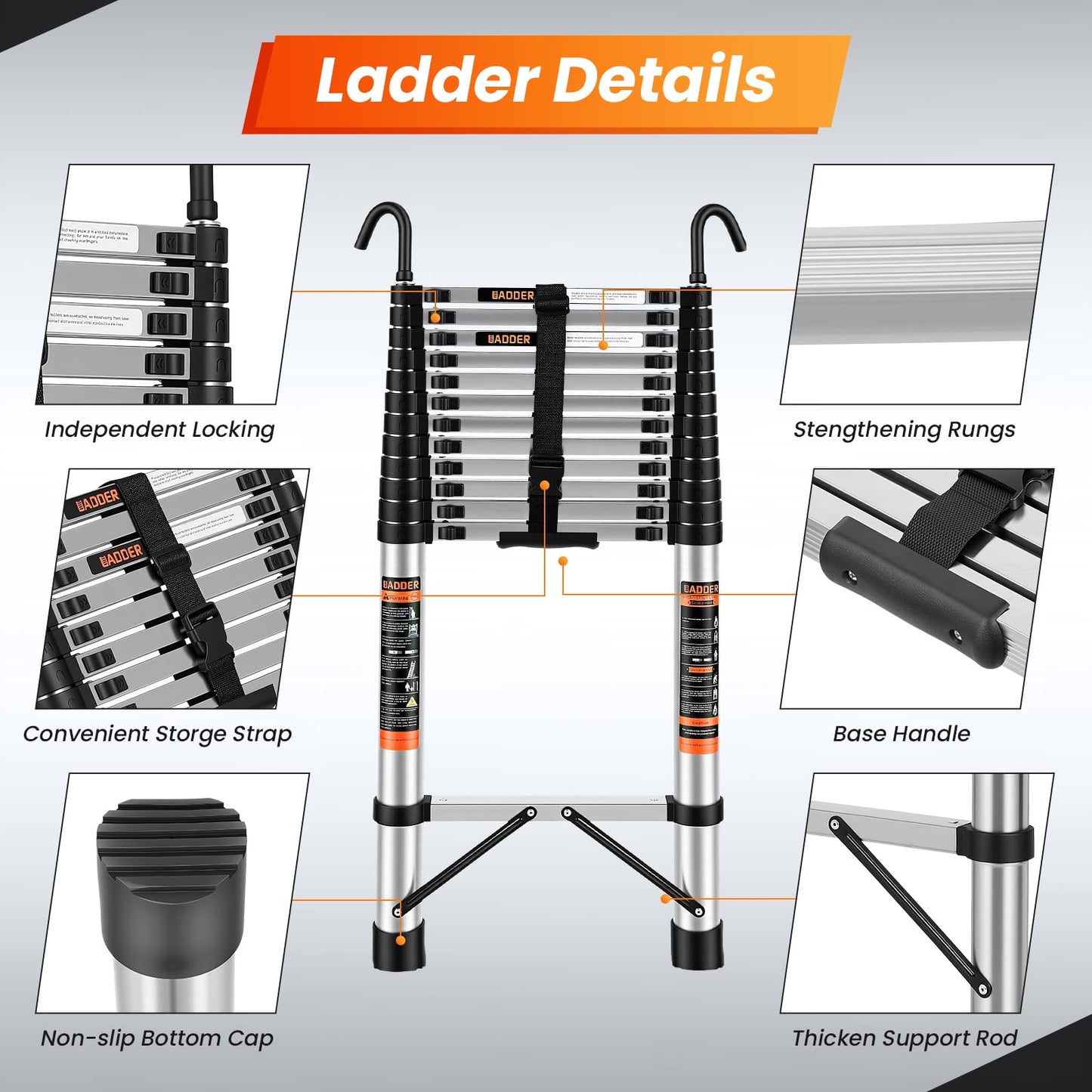 Telescoping Ladder, 16.5 FT Extension Ladder w/Hooks, Heavy Duty 330lbs Max Capacity, Collapsible Telescopic Ladder for Rv, Roof, Outdoor