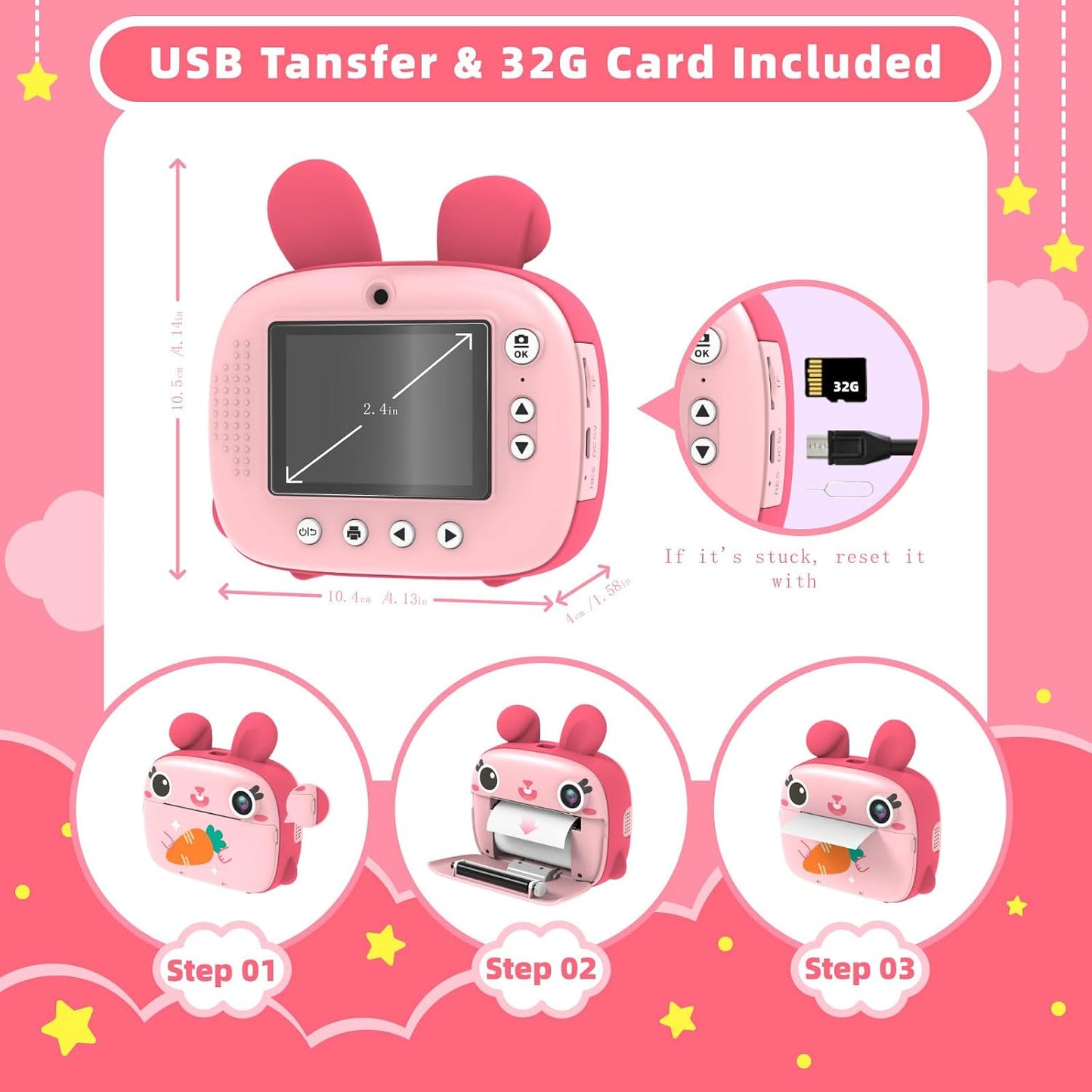 CAMCLID 2.5K 32GB 1080P 3-12 Kids Instant Camera - Instant Print Camera with No Ink, Card, Selfie & Video, Pink Toy