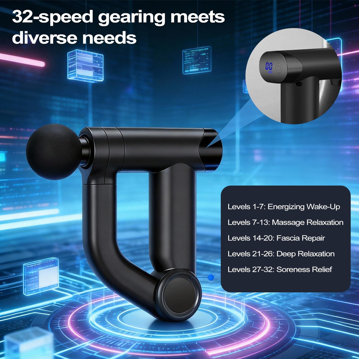 HISBO Foldable Massage Gun with Upgraded Extension Handle, 32 Speeds Massage Gun Deep Tissue - Back Massager for Pain Relief Deep Tissue, Muscles/Neck/Shoulders/Waist/Legs Massager